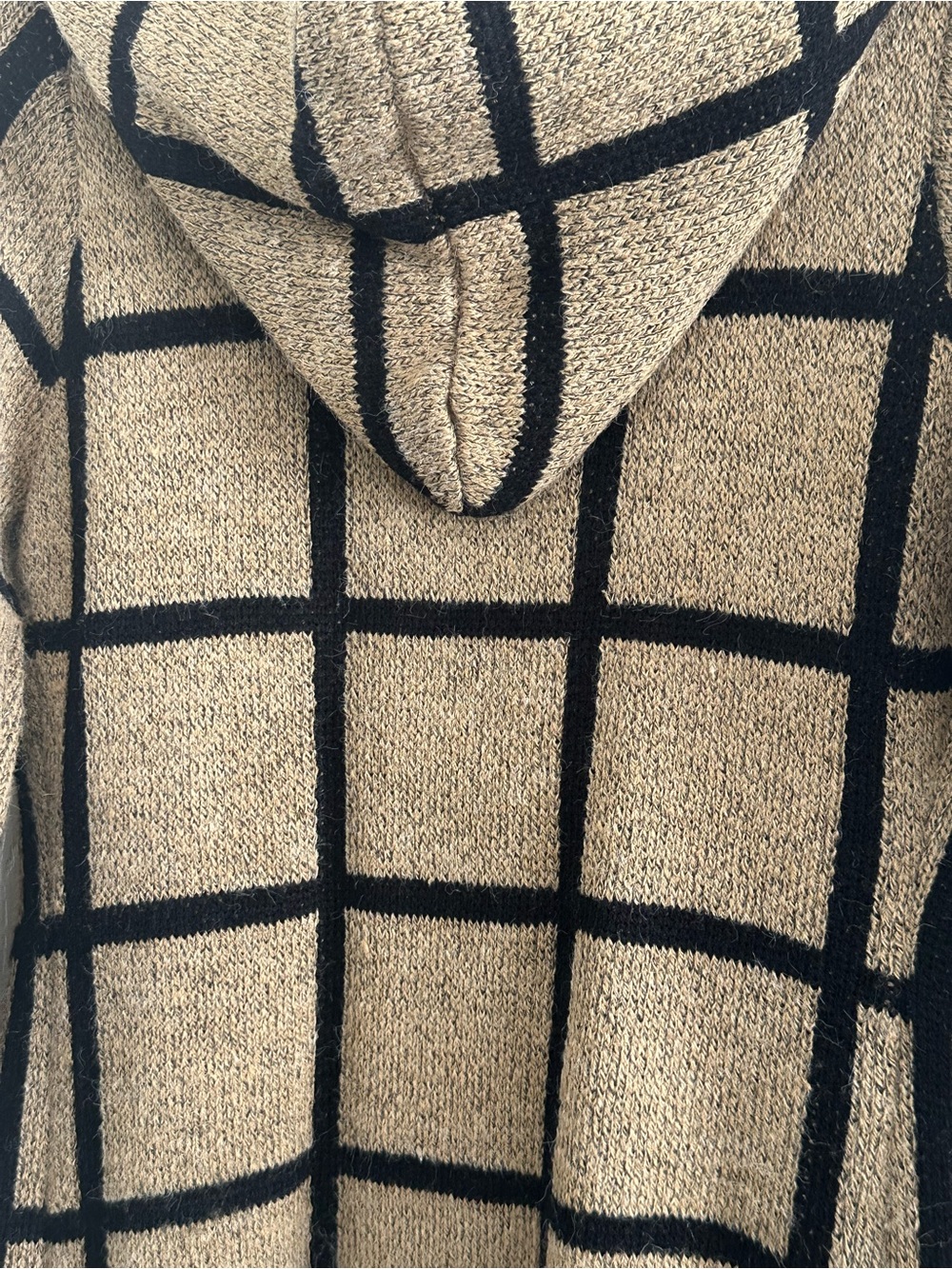 Long Hooded Grid-Pattern Cardigan - Camel/Black Size S - Picture 8 of 8